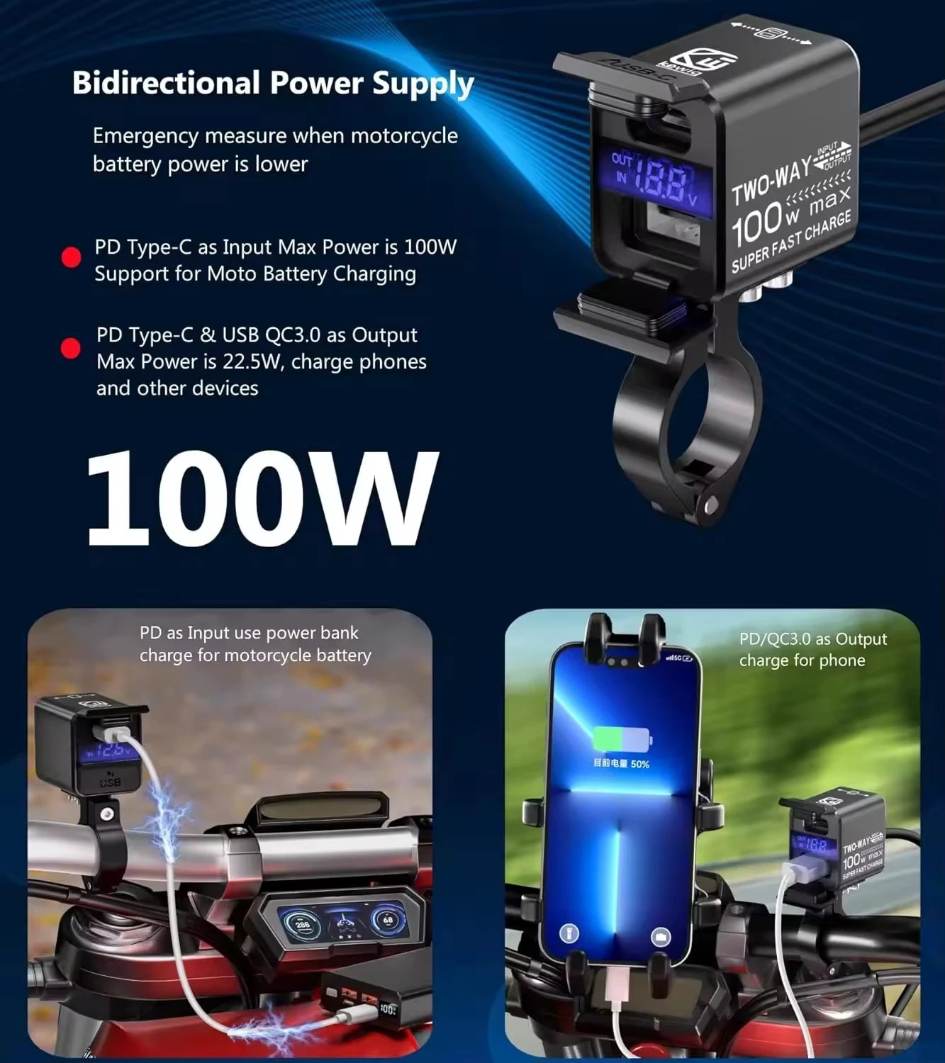 Motorcycle USB Charger 100W Fast Two-Way Charging Dual PD Type C & QC 3.0 Motorcycle Charger with Voltmeter Waterproof