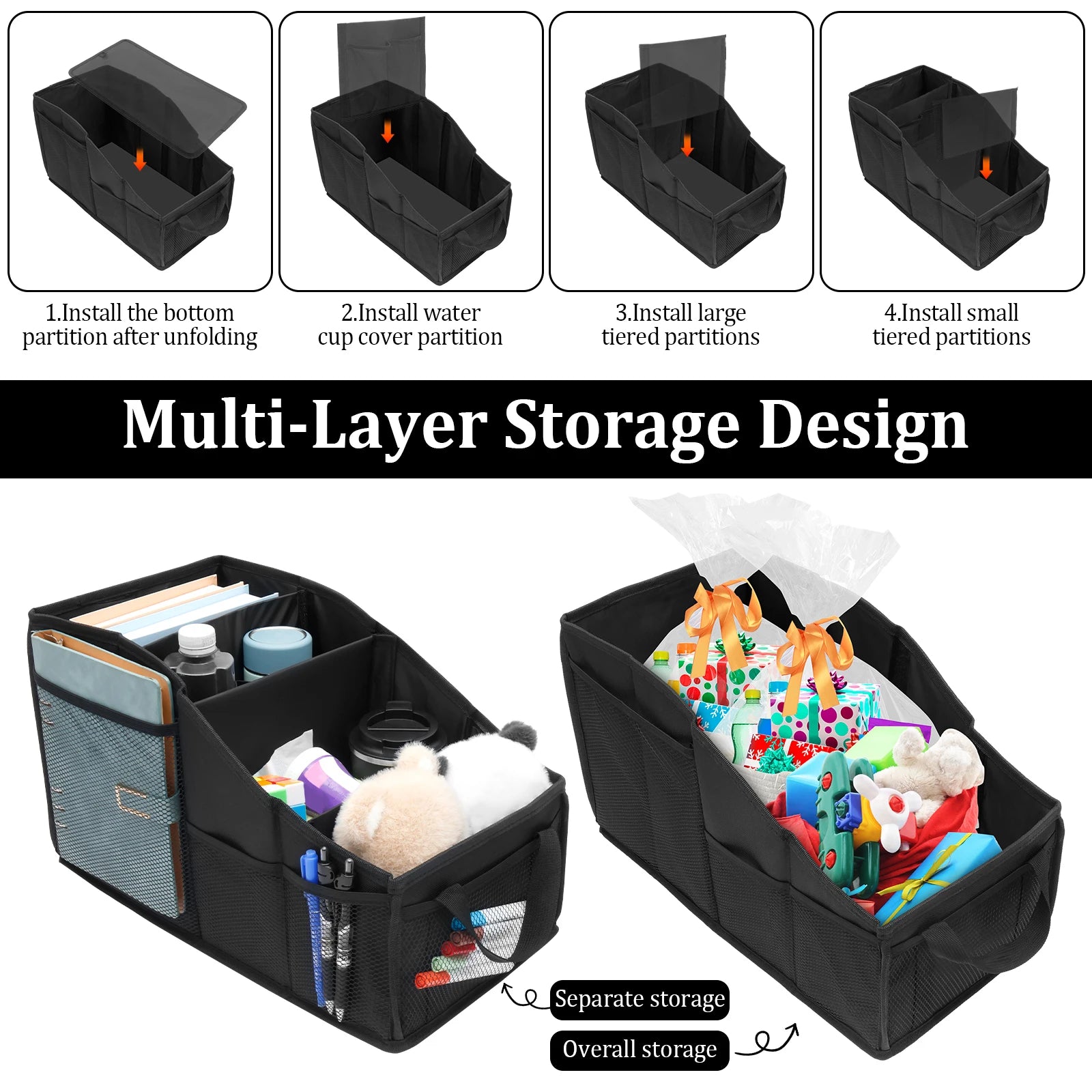 Car Seat Caddy Organiser Large Capacity Foldable Passenger Seat Storage Organizer With 4 Compartment for Automotive Home Office