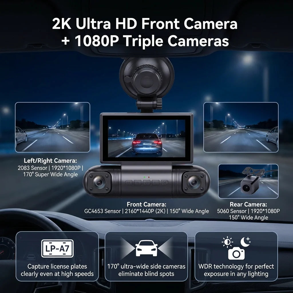 4 Channel Dash Cam 2K Front +1080P Left Right Rear Car DVR Camera WiFi Night Vision 3.0" Screen Parking Monitor 24H Parking Mode
