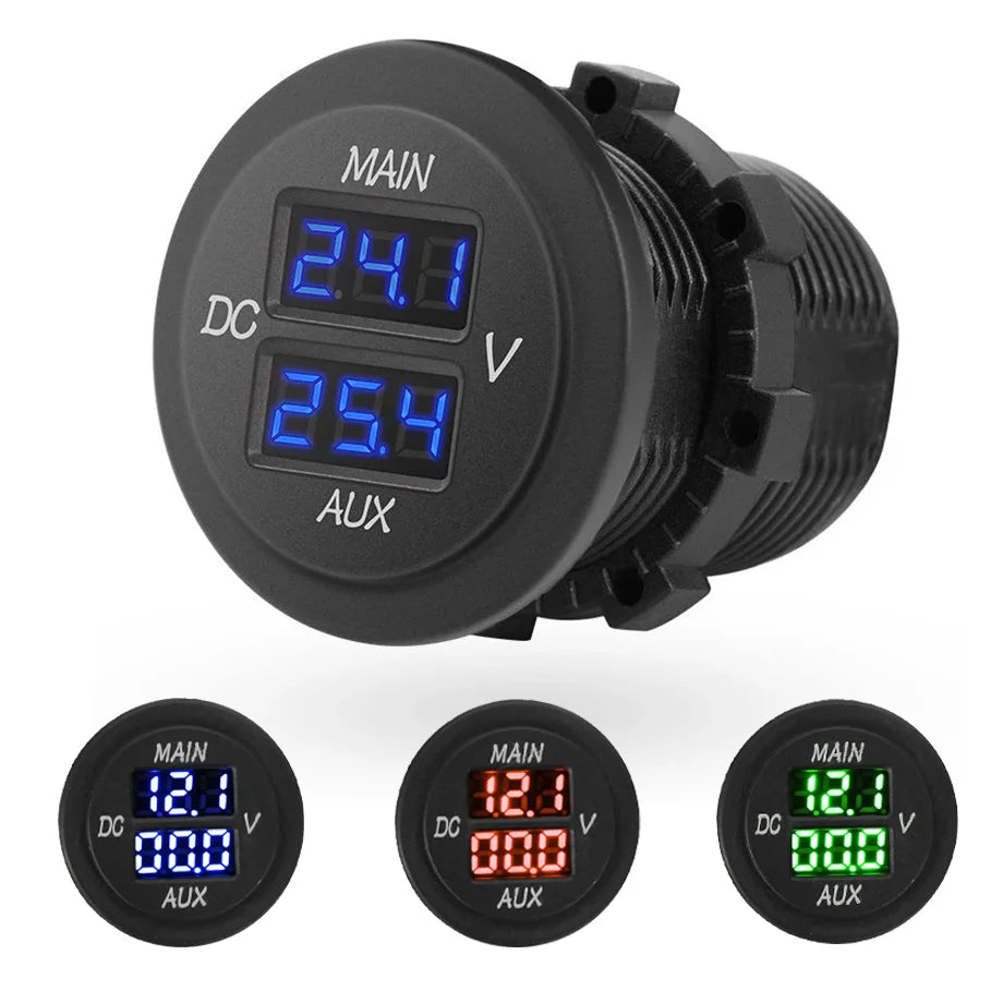 LED Car Digital Double Voltmeter Round Panel Voltage Monitor for Car Pickup RV Truck