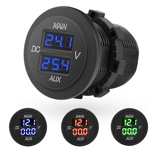 LED Car Digital Double Voltmeter Round Panel Voltage Monitor for Car Pickup RV Truck
