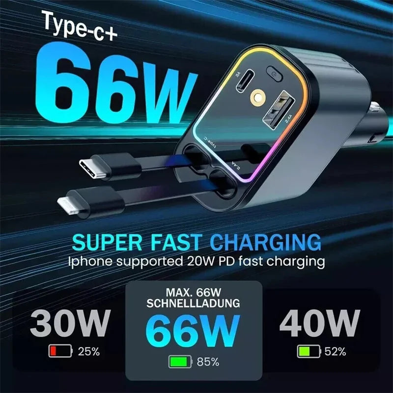 Super Fast Car Phone Charger, 120W Car Phone Charger With Retractable Cables USB And Type-C Port, 4 IN 1 Retractable Car Charger