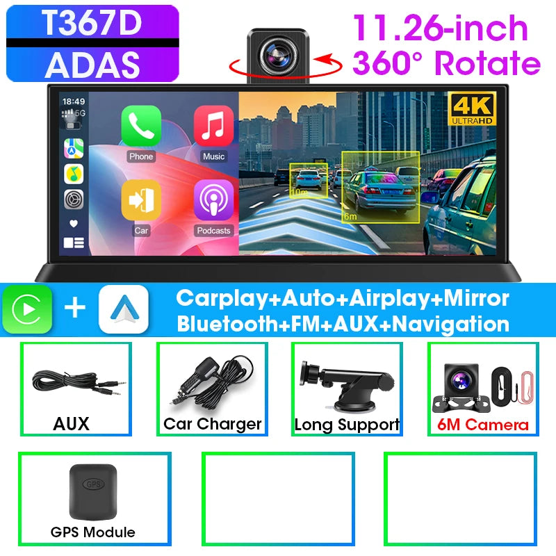 10/11.26" 4K ADAS Car DVR 360° Rotate Dashcam 1080P Rear Camera Wireless Carplay&Android Auto Adas GPS Navigation Dual Recording