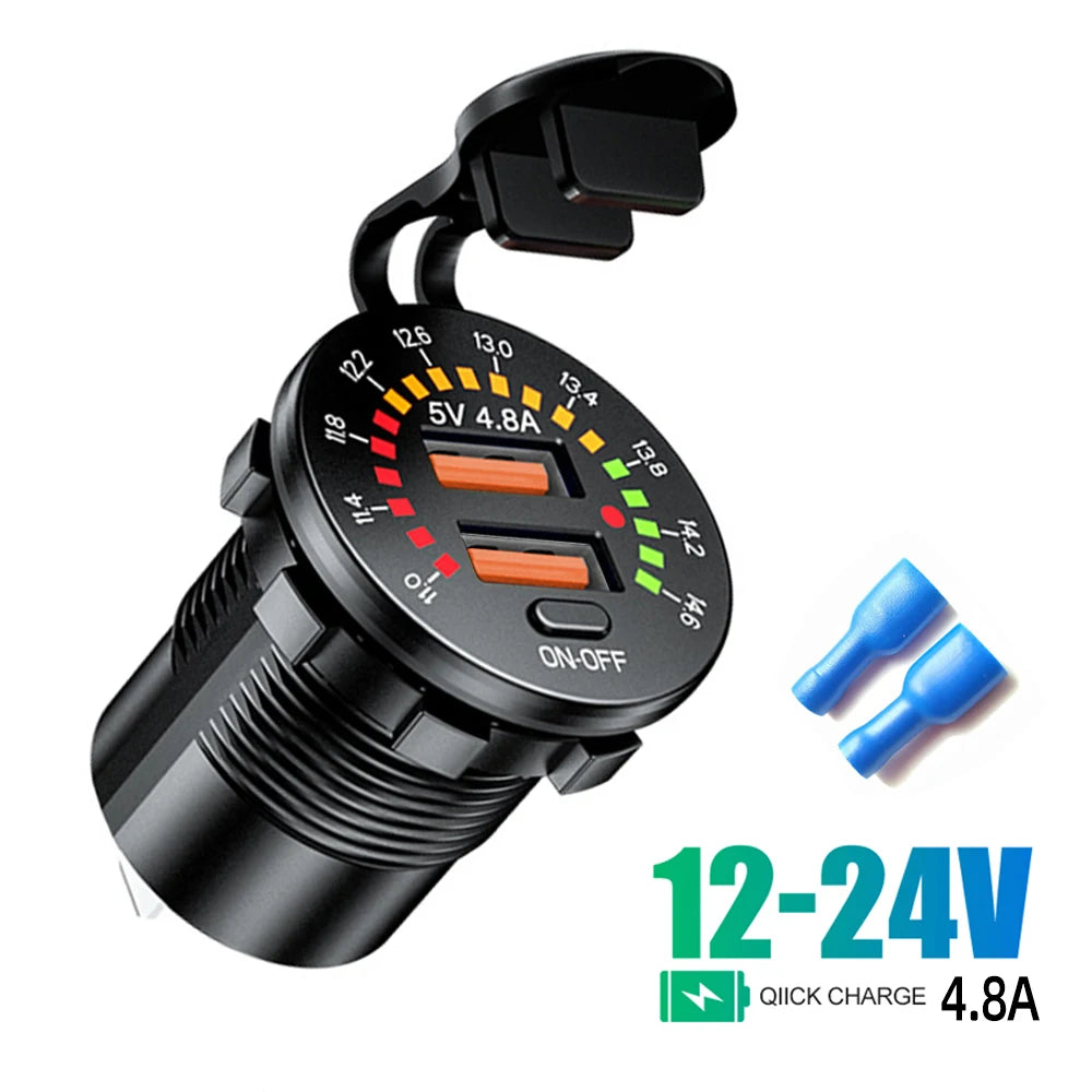 Car Charger with LED  36W Dual USB QC 3.0  12/24V Waterproof USB PD Outlet Fast Charge For Car Motorcycle
