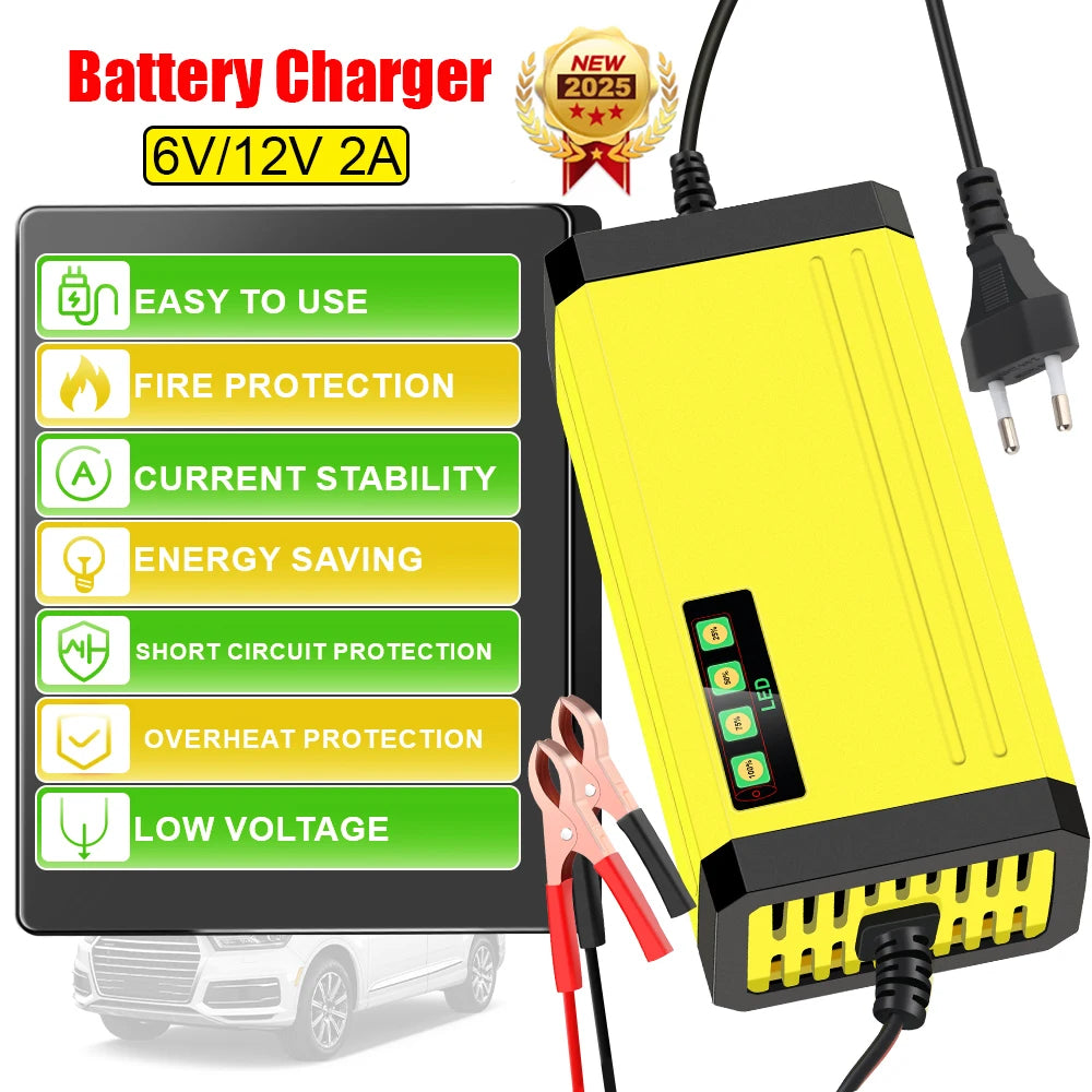 6V 12V 2A Car Battery Charger EU Plug Tester Automatic Smart Digital LCD Display Power Pulse Repair Tools Motorcycle Accessories