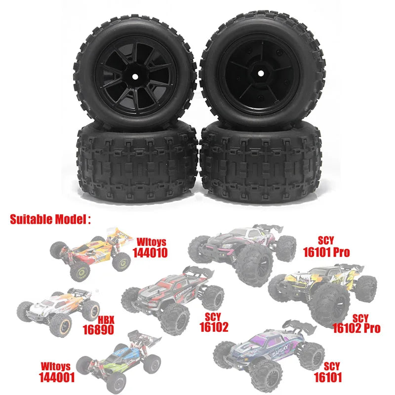 4PCS 85mm 12mm Hex Rubber Wheel Tire Wear-resistant Tyre for RC Car Off-road Vehicle Wltoys 144001 HBX 16889 16890 SCY 16101 PRO