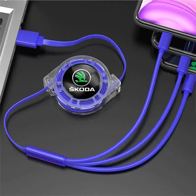 Car Interior 3 In 1 Fast Charger USB Data Cable Accessories For Skoda S Skoda Kodiaq Fabia Kamiq Karoq Octavia 3 A5 Rapid Scala