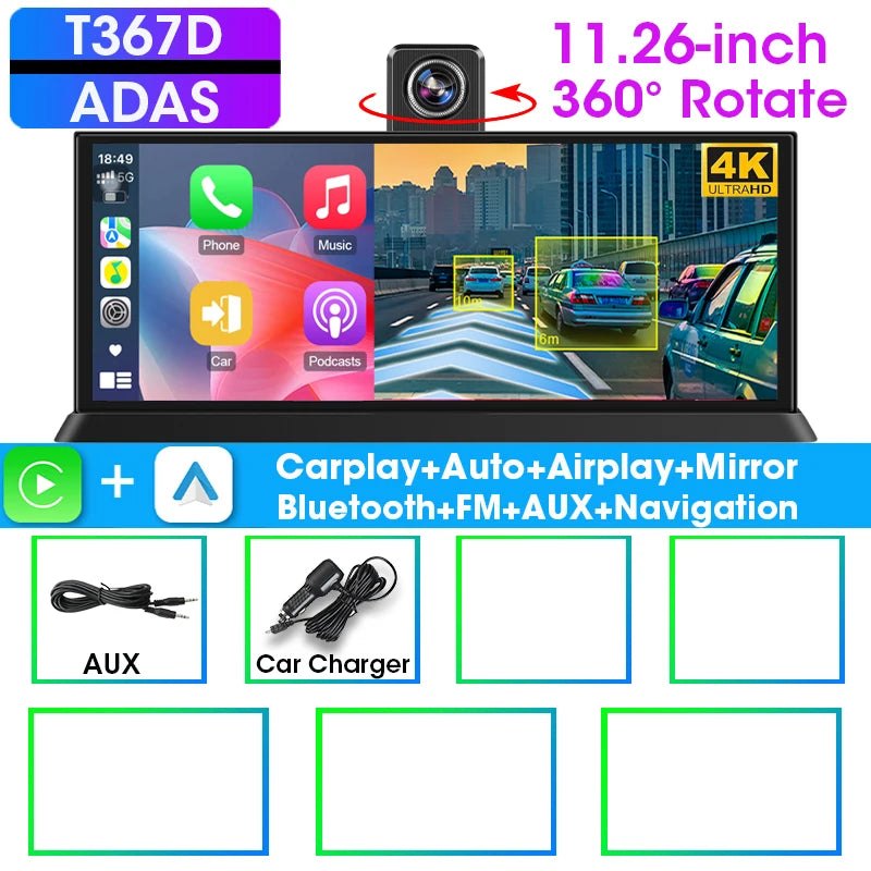 10/11.26" 4K ADAS Car DVR 360° Rotate Dashcam 1080P Rear Camera Wireless Carplay&Android Auto Adas GPS Navigation Dual Recording