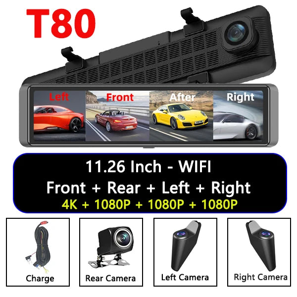 4K Dash Cam 4-Channel Record 1080P ADAS BSD Car DVR WIFI APP Rear View Mirror Auto Video Recorder Camera Ultra HD 24H Parking