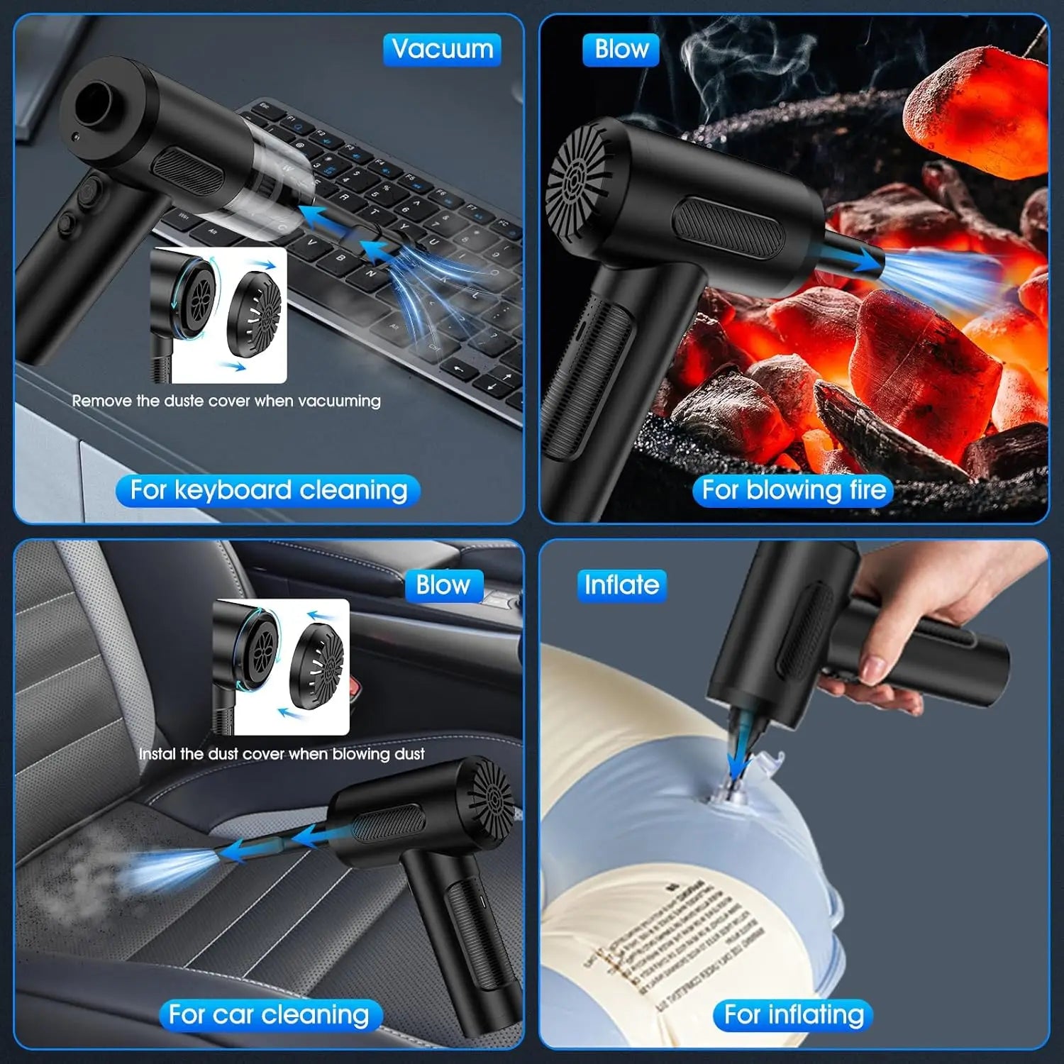 Compressed Air Duster 100000RPM Handheld Electric Air Blower & Car Vacuum, 3-Gear Adjustable Keyboard Cleaner with LED Light