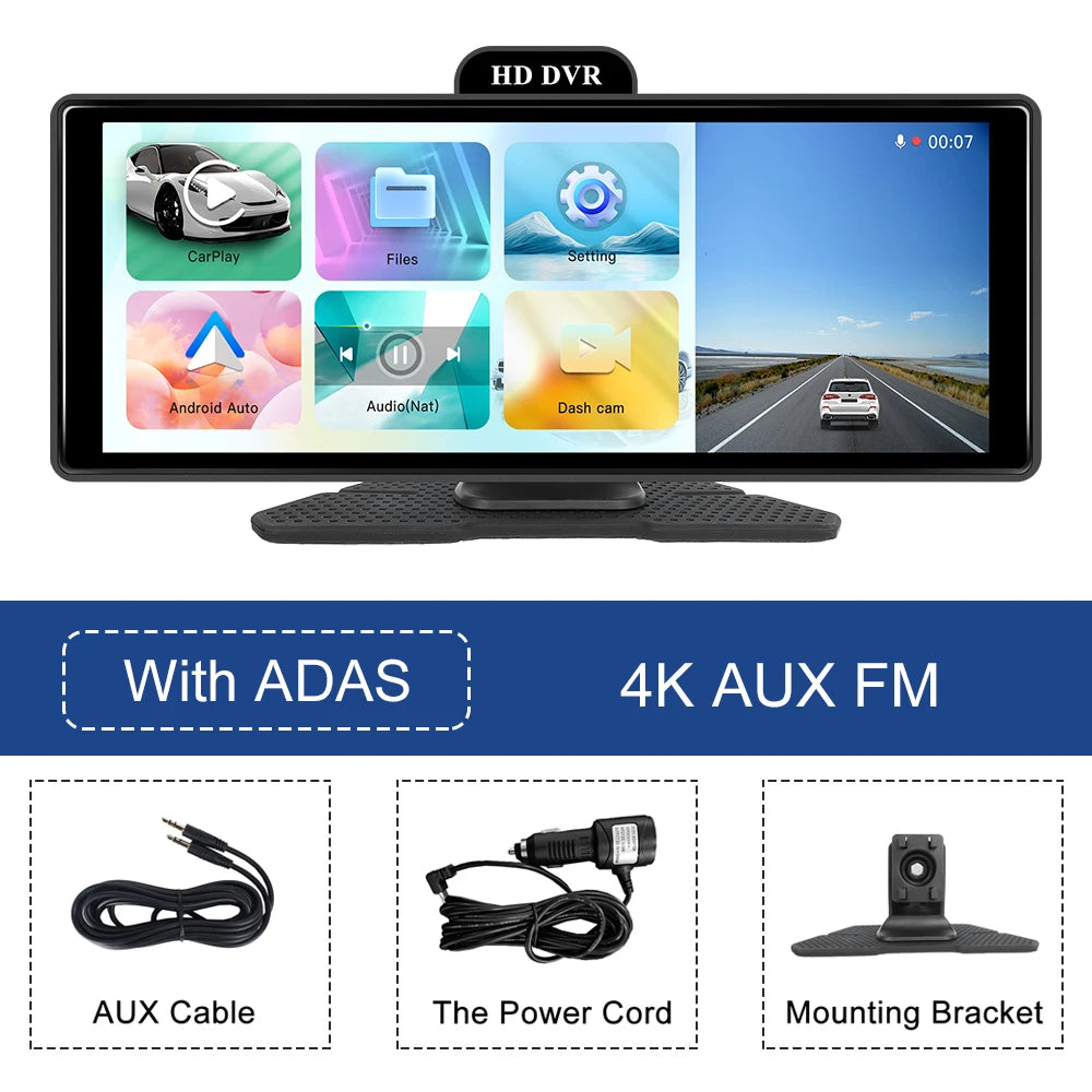 Podofo 10.26" 4K Dash Cam ADAS Wireless Carplay & Android Auto Car DVR Rearview Camera Dashboard Video Recorder GPS Track