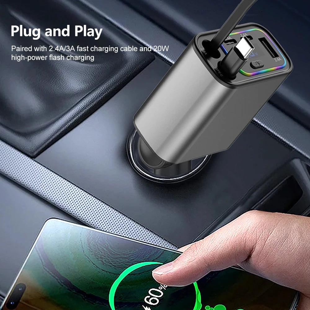 KEBIDUMEI 5-IN-1 Retractable Car Charger USB Type-C Power Adapter Fast Charging Voltage Display Phone Chargers Auto Accessories