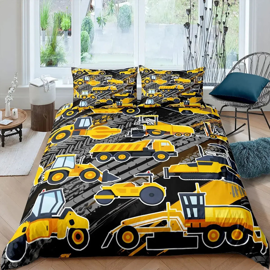 Construction Vehicles Boys Excavator Duvet Cover Yellow Tractor Truck Bedding Set for Teens Child Old Retro Car Theme Room Decor