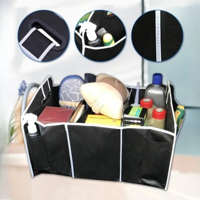 Black Car Trunk Organizer Foldable - Large Capacity Multi-compartments Space-saving Camping Use
