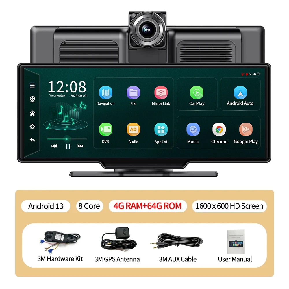 10.26''Dashboard Android 13 Dash Cam 5.1Bluetooth U Disk ADAS GPS Navigation FM AUX 24H Parking Monitor Car DVR Video Recorder