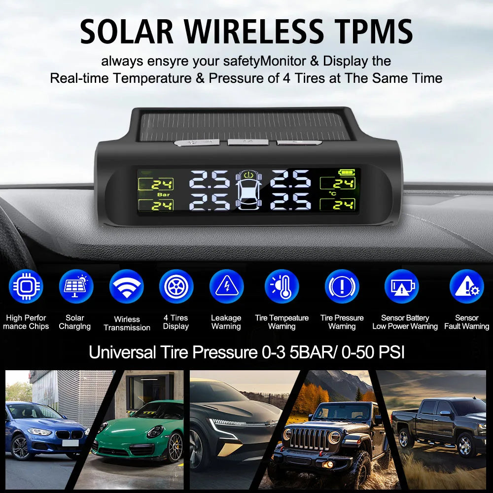 Auto Security Alarm System Digital LCD Display Car Tire Pressure Monitoring System Solar TPMS Universal Tyre Temperature Monitor