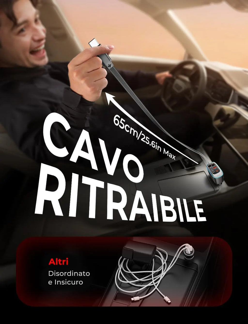Scalable car charger 4in1 fast charging car charger with 72W retractable cable and PD30W USB port compatible with Type-C adapter