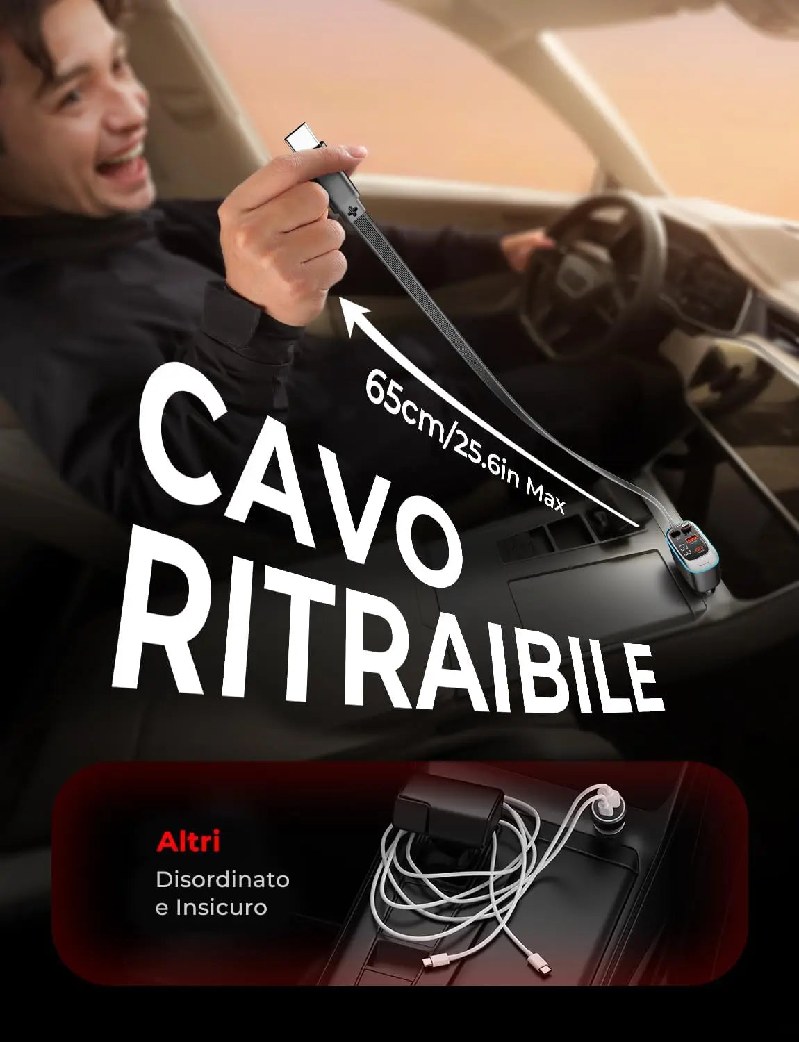 Scalable car charger 4in1 fast charging car charger with 72W retractable cable and PD30W USB port compatible with Type-C adapter