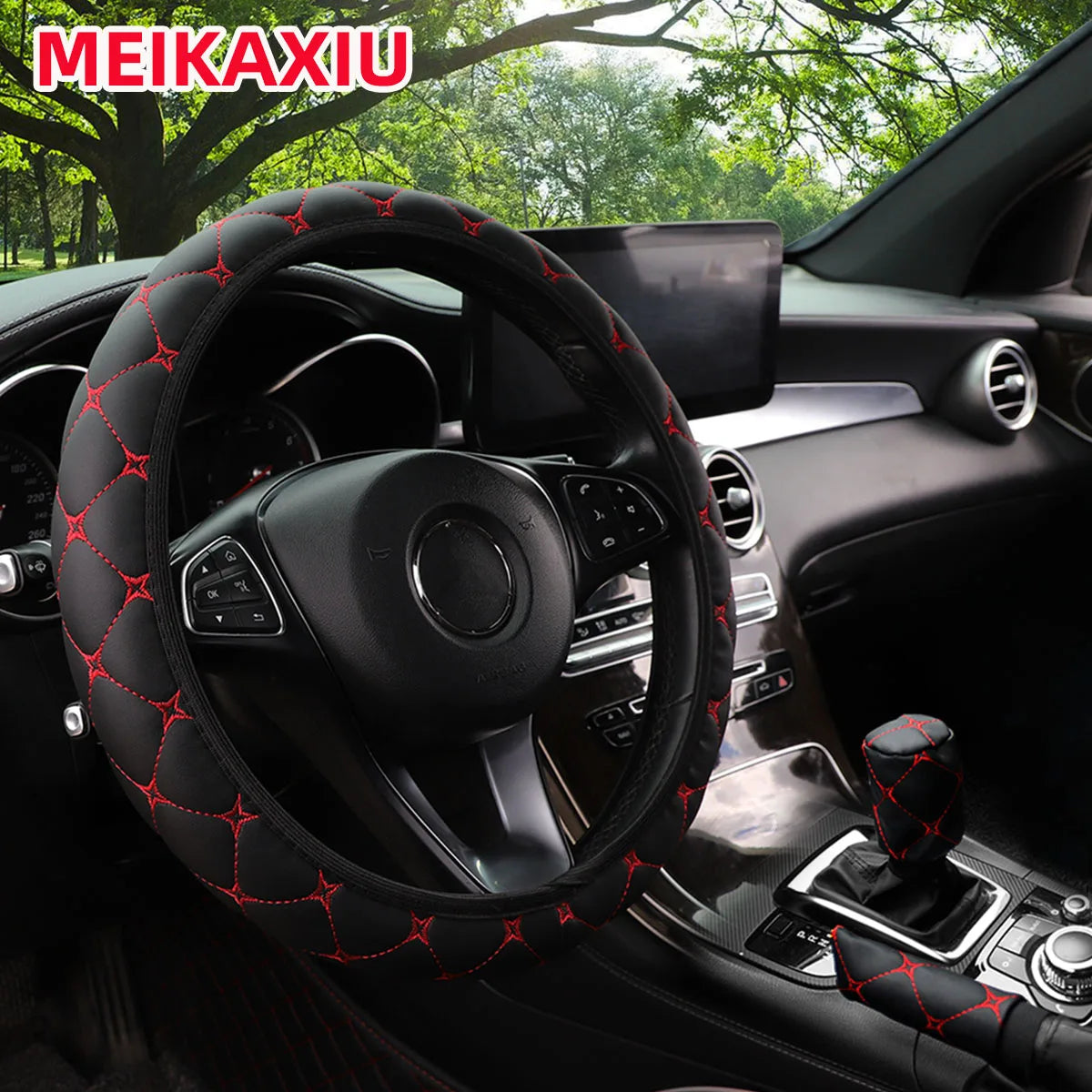 3PCS PU Leather Car Interior Accessories Star Embroidered Steering Wheel Handbrake & Gearshift Cover Set