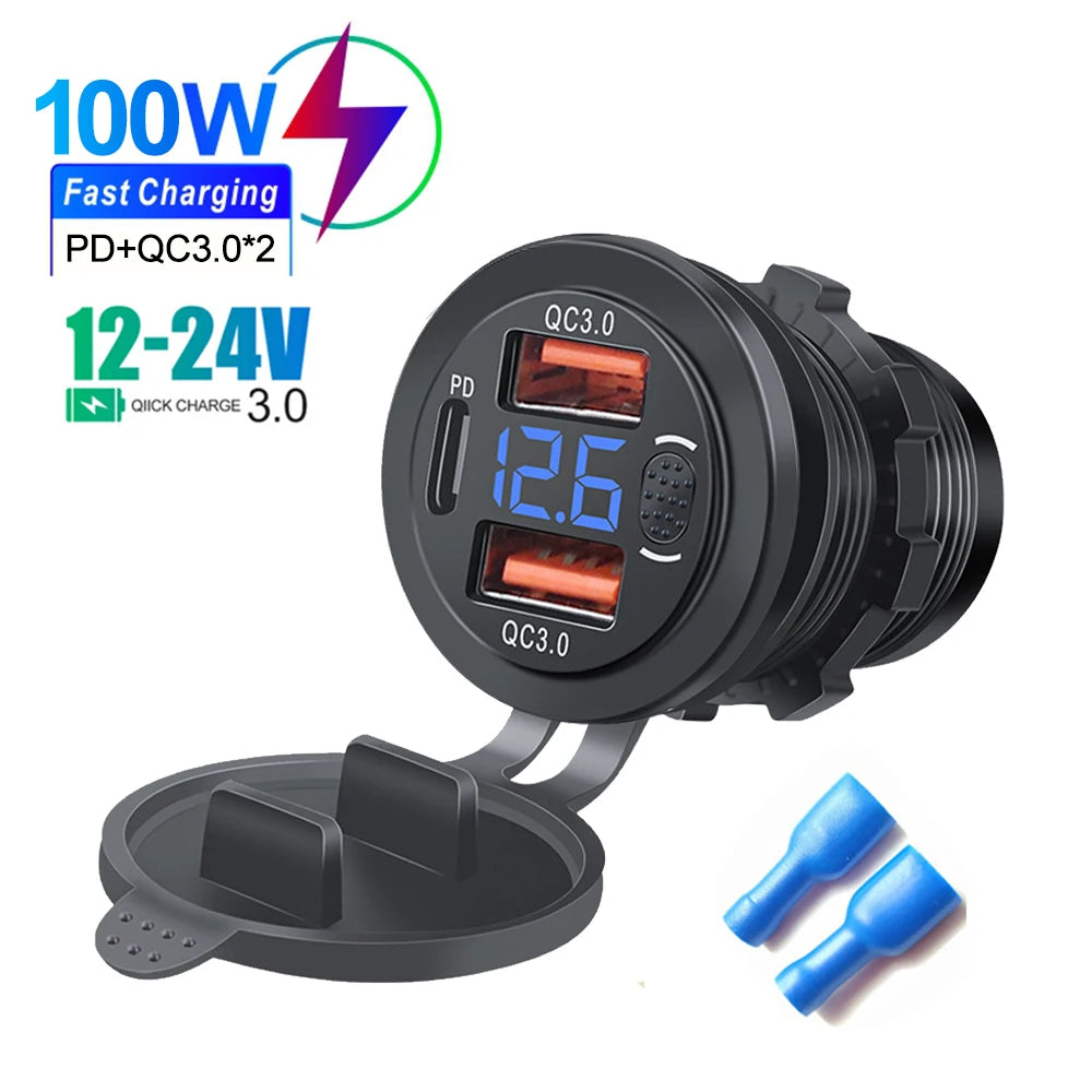 86W Car Charger PD Type C QC3.0 Fast Charging with Voltmeter Power Outlet Adapter Waterproof 12V/24V for Car Boat Motorcycle