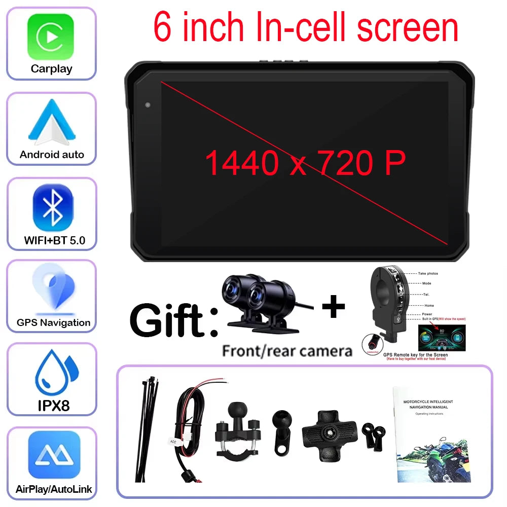 Motorcycle Navigation 6 inch Screen 1440*720P GPS Wireless CarPlay Android Auto Motorcycle GPS Motor DVR Monitor TPMS Optional