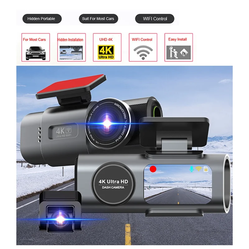 A99E-4K UHD Dash Cam DVR Car Camera Night Vision Video Recorder Dual Lens Built-In Wi-Fi GPS 24H Parking