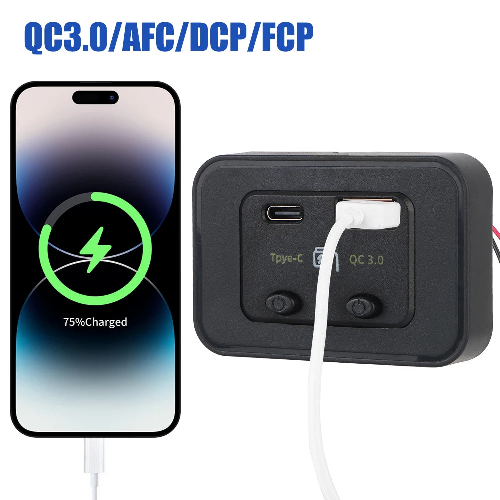 12V/24V Car Fast Charger Type C + QC3.0 USB A Port for Car RV RV Home Camper Caravans LED Light Phone Charger Auto Adapter