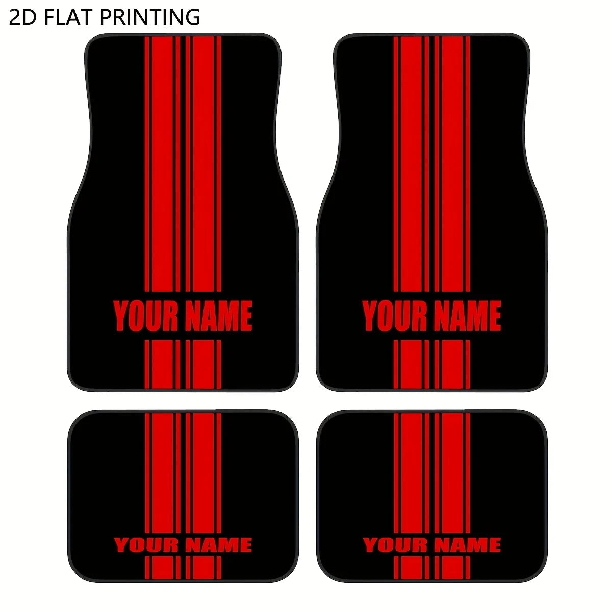 Custom 4pcs Car Floor Mats With Personalized Name/Text - Red Vertical Stripes On Black, All-Season Durable Polyester Auto Liners