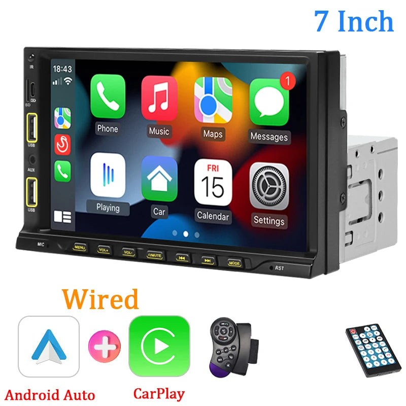 7inch Carplay Android Auto 1 Din Car Radio MP5 Multimedia Player Touch Screen FM Aux Input Bluetooth USB MirrorLink Universal