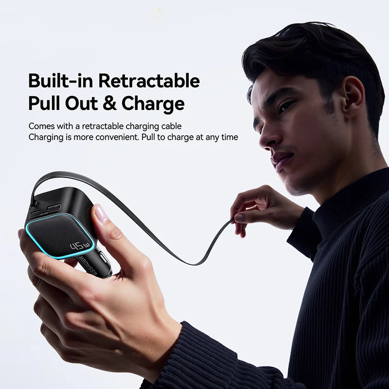 45W Car Charger With Retractable Cable 2-Port USB-C USB-A Multi-Port Fast Charger For Vehicle Mobile Phone Charging