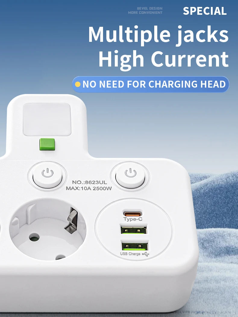 EU plug and socket 4 sockets, multi plug wall power plug and socket without extension cable or USB and Type-C port