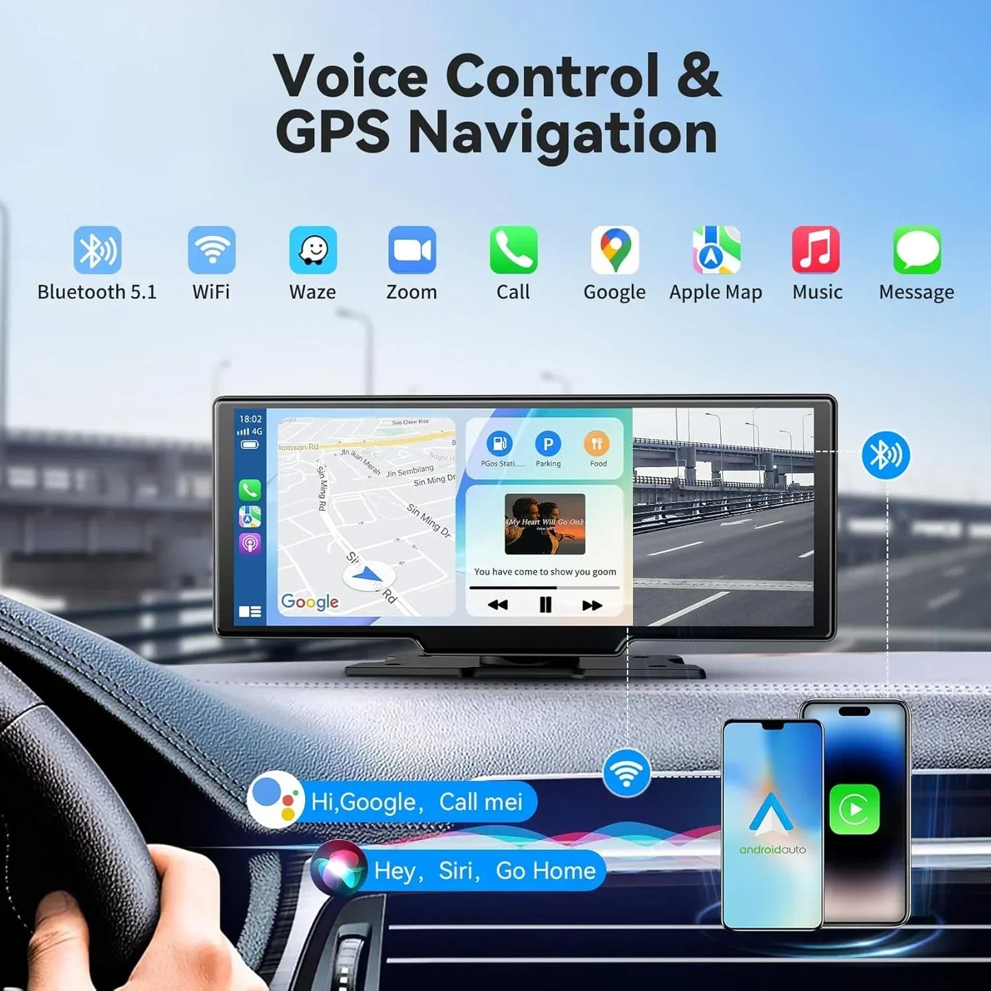 10.26'' Portable 4K Dash Cam Wireless CarPlay Android Auto Car Monitor Dashboard Car DVR Video Recorder GPS FM BT