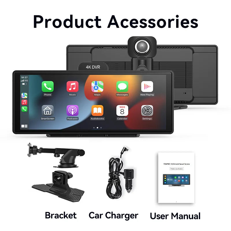 10.26 inch Dash Cam 4K Car DVR Wireless Carplay & Android Auto GPS Navigation Video Recorder Dashboard Dual Lens Wifi FM AUX