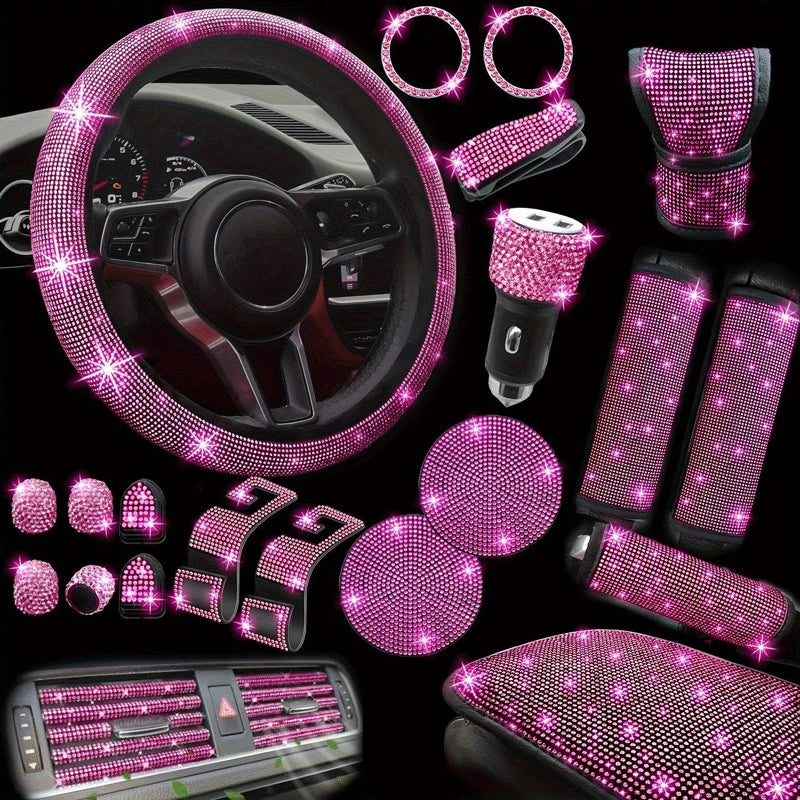 Car Accessories Set 30 Piece Women Bling Universal Steering Wheel Cover Shiny Air Outlet Coasters Tools Hook L Hand Brake Etc.