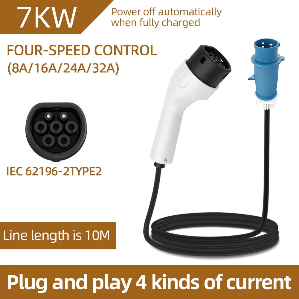 For Electric Vehicle 7KW 32A EV Portable Charger 3M 5M 10M 15M 20M Cable Type2 IEC62196 EVSE CEE Plug Wallbox Adapter
