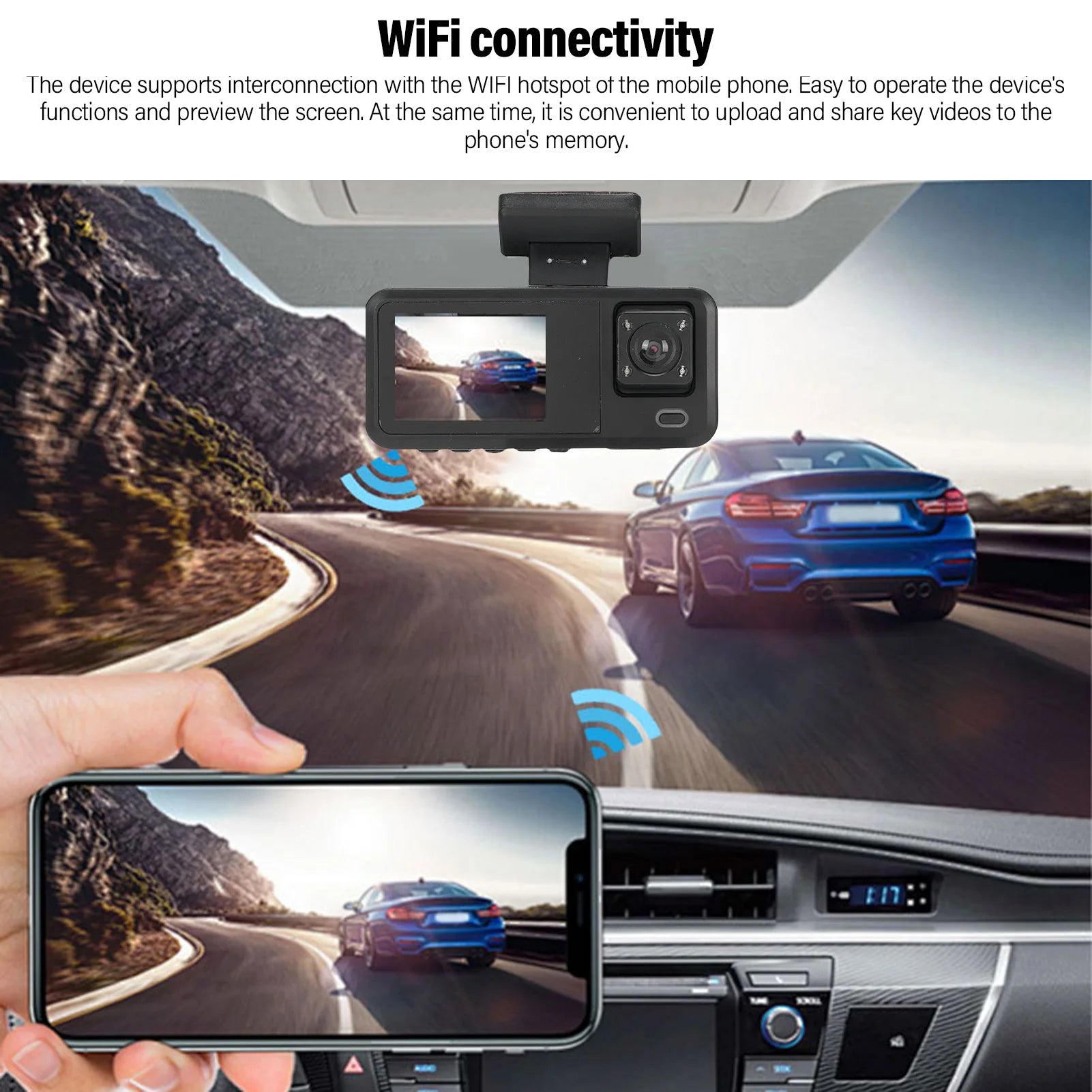 Car Camera Recorder 3 Channel Dash Cam 1080P Dash Camera Wifi Triple Car Camera with 32GB Card 2 Inch LCD Display 150mAh Battery