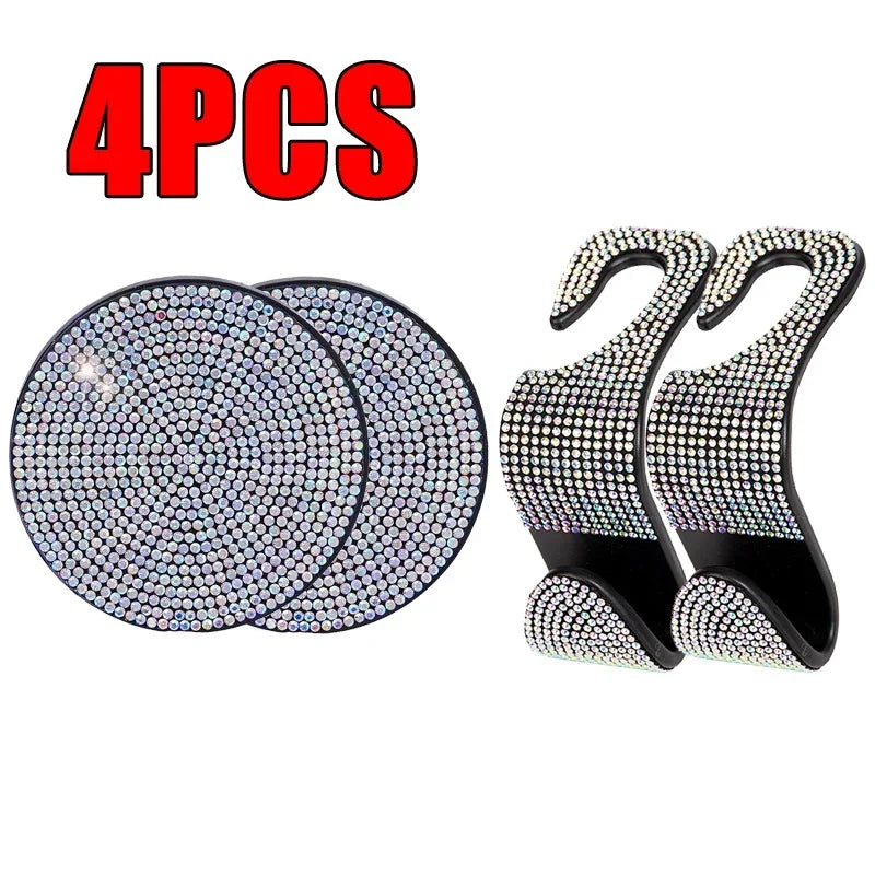 4 Pcs/set Car Interior Accessories Multifunction Diamond Auto Seat Back Hooks Non-slip Coaster Universal Car Hook Water Cup Mat