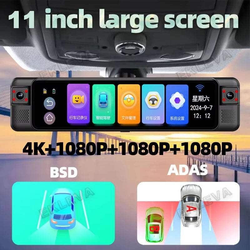 4CH Dash Cam 11" 4K+1K+1K+1K WIFI Rear View Mirror 4 Cameras Video recorder Car DVR ADAS BSD Night Vision 24H Parking Monitor