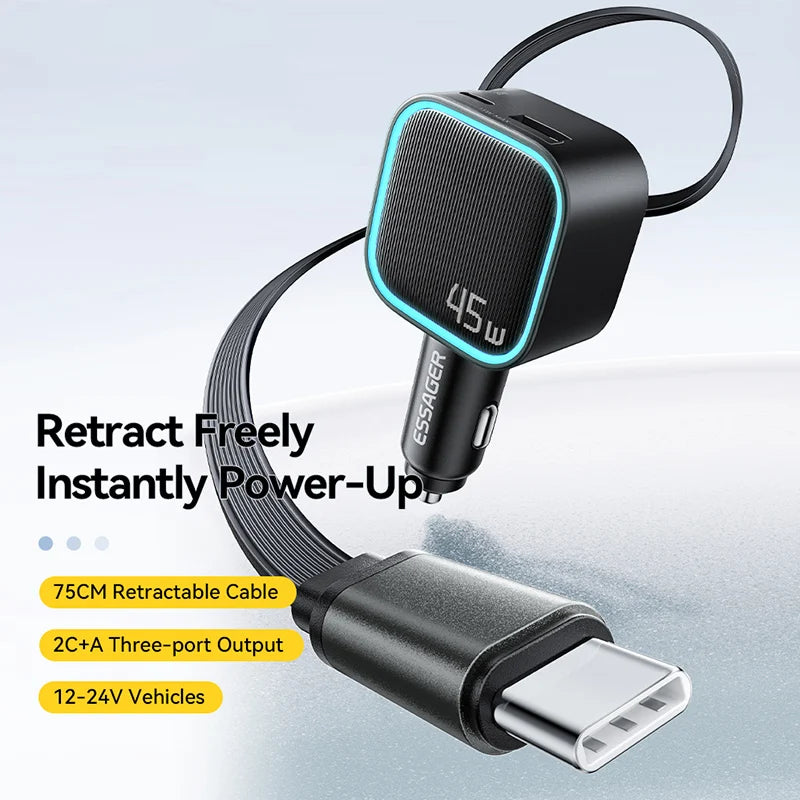 45W Car Charger With Retractable Cable 2-Port USB-C USB-A Multi-Port Fast Charger For Vehicle Mobile Phone Charging