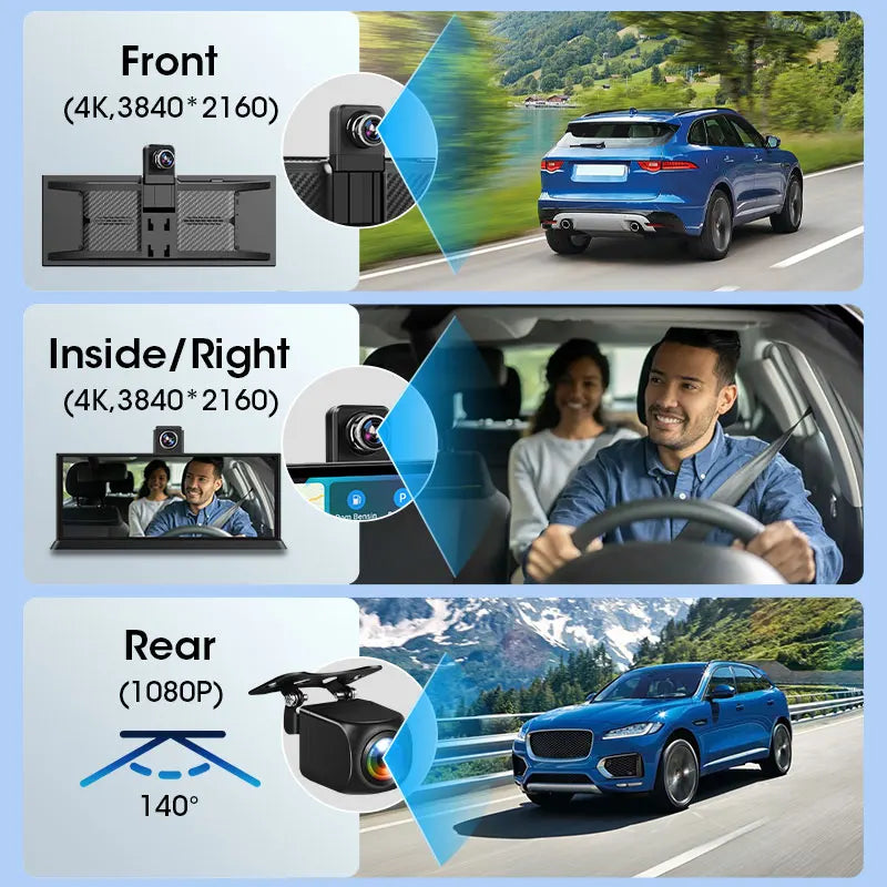 10/11.26" 4K ADAS Car DVR 360° Rotate Dashcam 1080P Rear Camera Wireless Carplay&Android Auto Adas GPS Navigation Dual Recording
