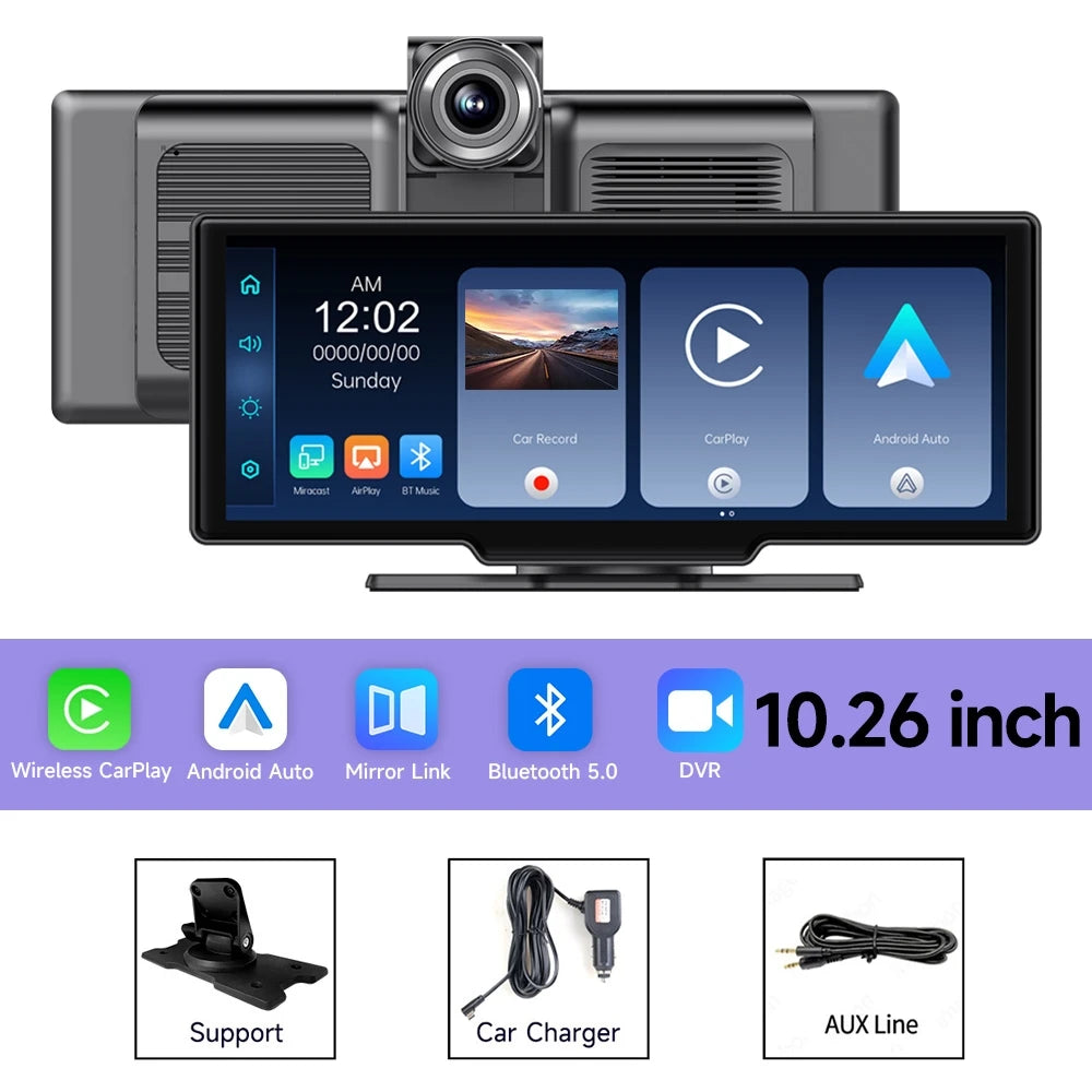 10.26 Inch 4K Car DVR Dash Cam Rearview Camera Carplay & Android Auto Navigation With Voice Control BT FM Monitor Car Screen