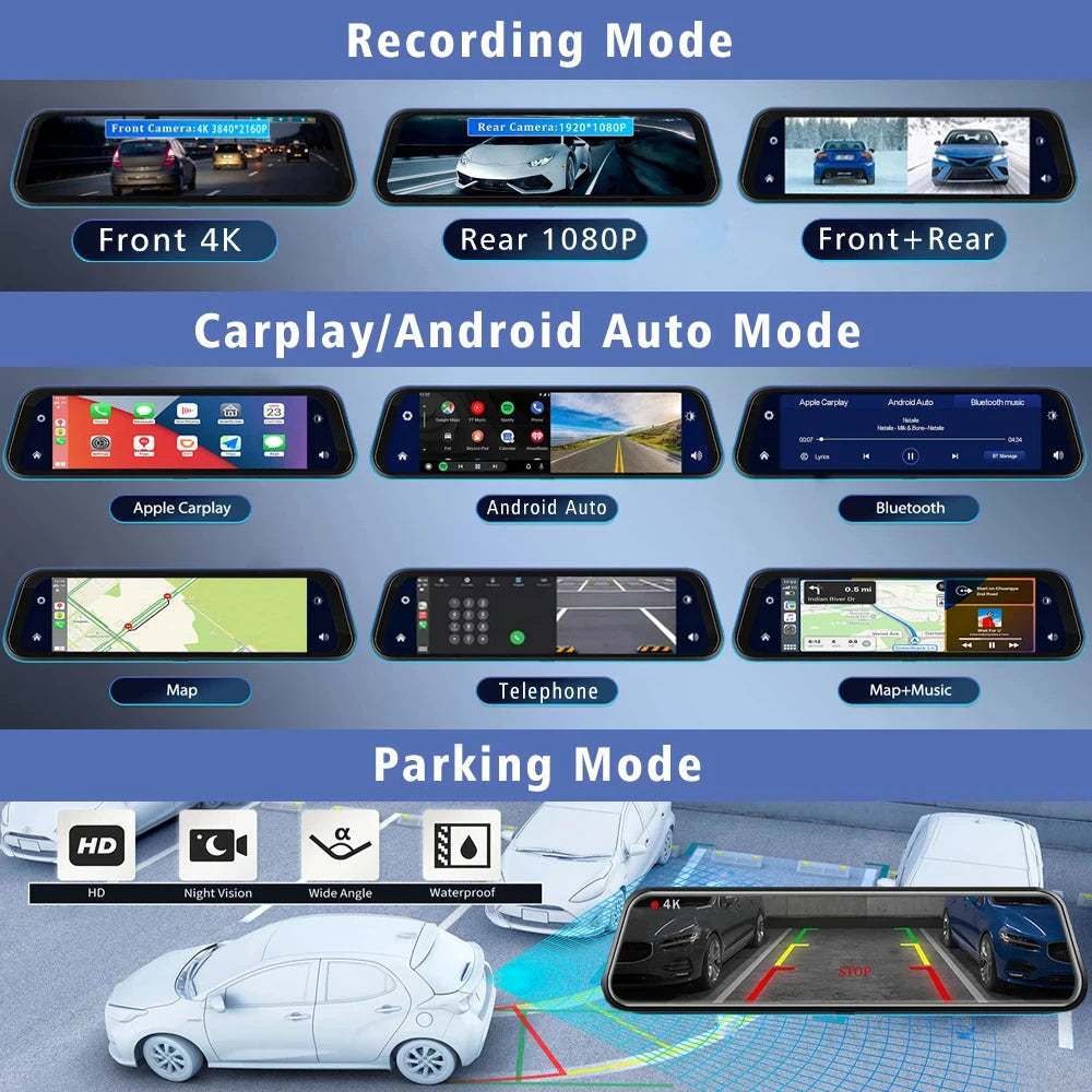 10" Dash Cam 4K 3840*2160P Car Dvr Carplay Android Auto GPS 5G WIFI AUX Stream RearView Mirror Dashcam Camera Drive Recorder FM