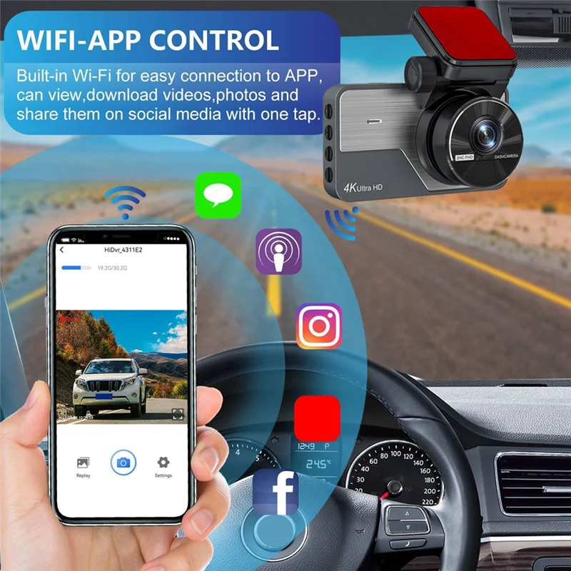 Car Front Rear Dash Camera Car Video Recorder Camera Built In Wifi Camera,Night Vision 170°Wide Angle,WDR,24H Park-Y47A
