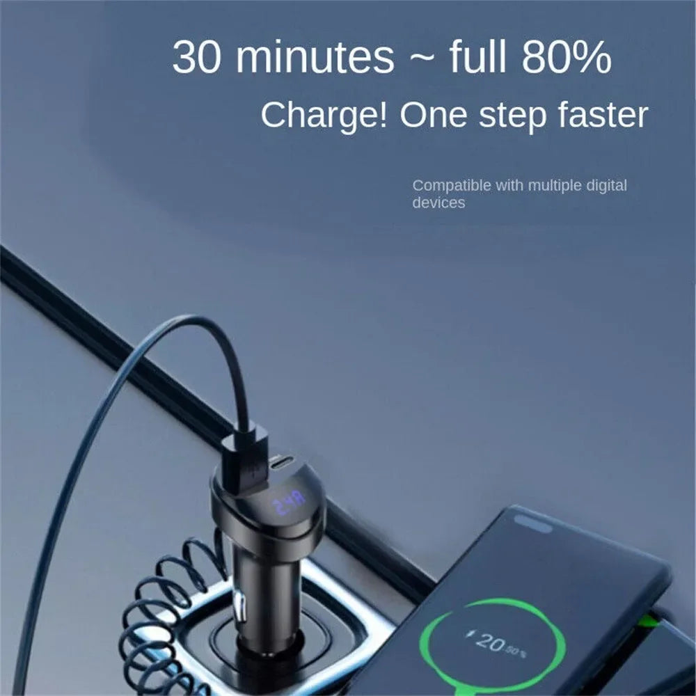 Car Adapter Charger Fast Charging 55W Multi-function 2 Ports Three In One USB Retractable Charging Cable with Voltage Display