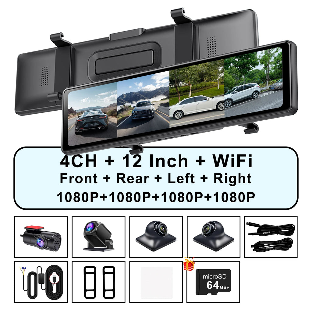 Adinkam 4CH Mstar Dash Cam 12 ''WIFI Rear View Mirror 4 Cameras  Side Fisheye Golden Lens Full HD Night Vision Parking Monitor