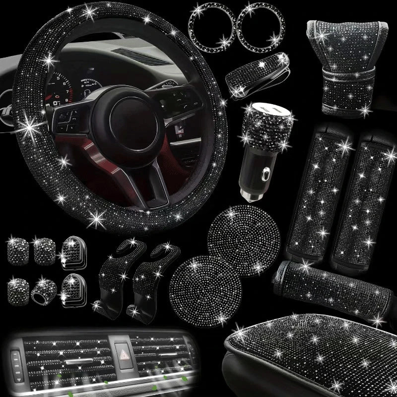 Car Accessories Set 30 Piece Women Bling Universal Steering Wheel Cover Shiny Air Outlet Coasters Tools Hook L Hand Brake Etc.