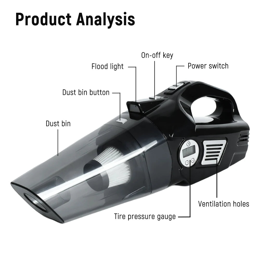 Wireless/Wired Car Vacuum Cleaner Car Tire Inflator Strong Suction Handheld Home Car Vacuum Cleaner Multi-functional with Light