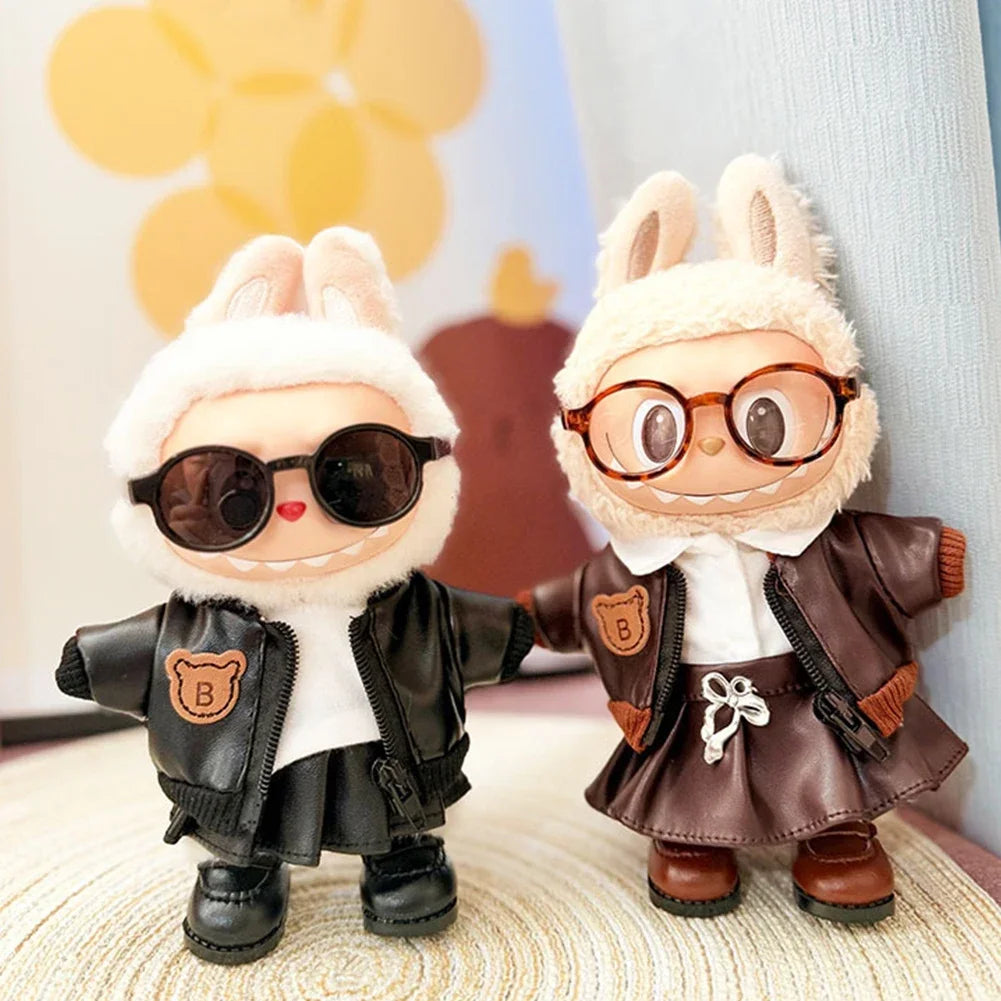 Labubu doll Motorcycle Trendy Fashion Baby Clothes Black Leather Jacket Set Cool Motorcycle Accessories