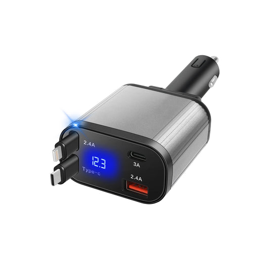 4-in-1 Vehicle Charger, 36 Watt Fast Charging, Retractable Cable, 2 USB Ports, Compatible with All Vehicles