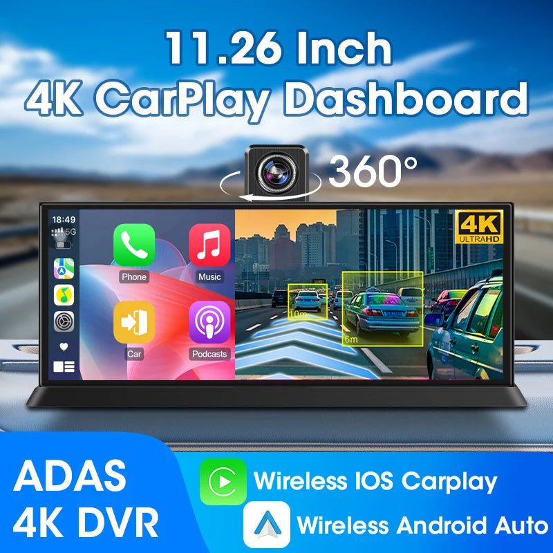 10/11.26" 4K ADAS Car DVR 360° Rotate Dashcam 1080P Rear Camera Wireless Carplay&Android Auto Adas GPS Navigation Dual Recording